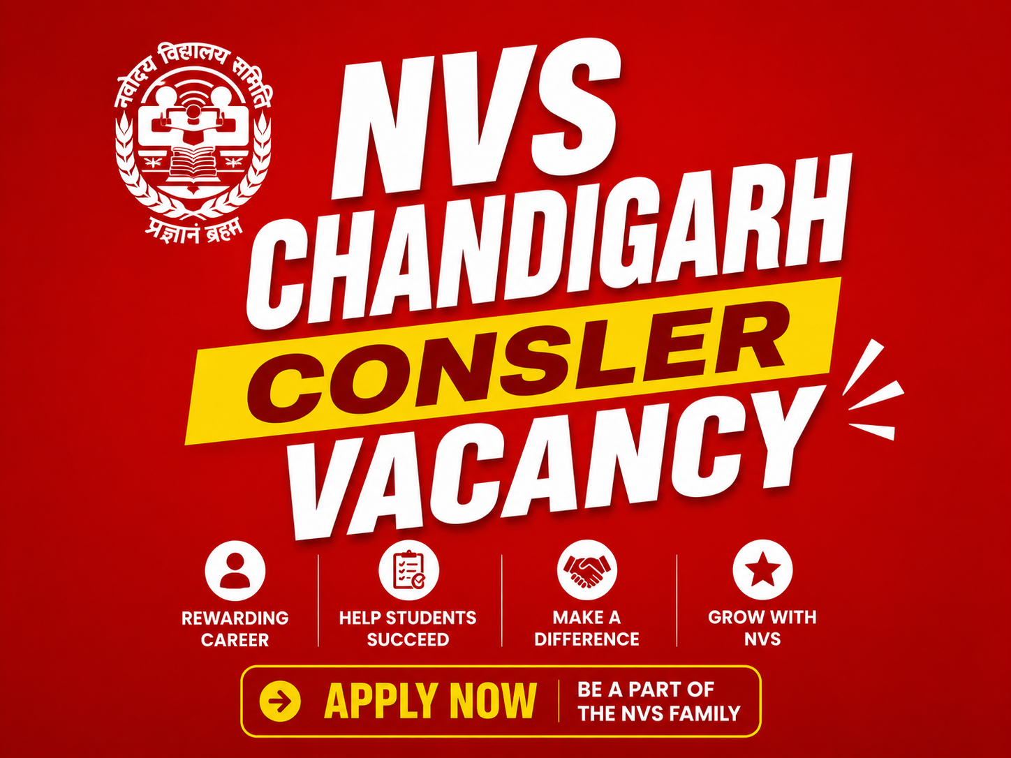 NVS Chandigarh Counselor Job Vacancy 2026  – Apply Online